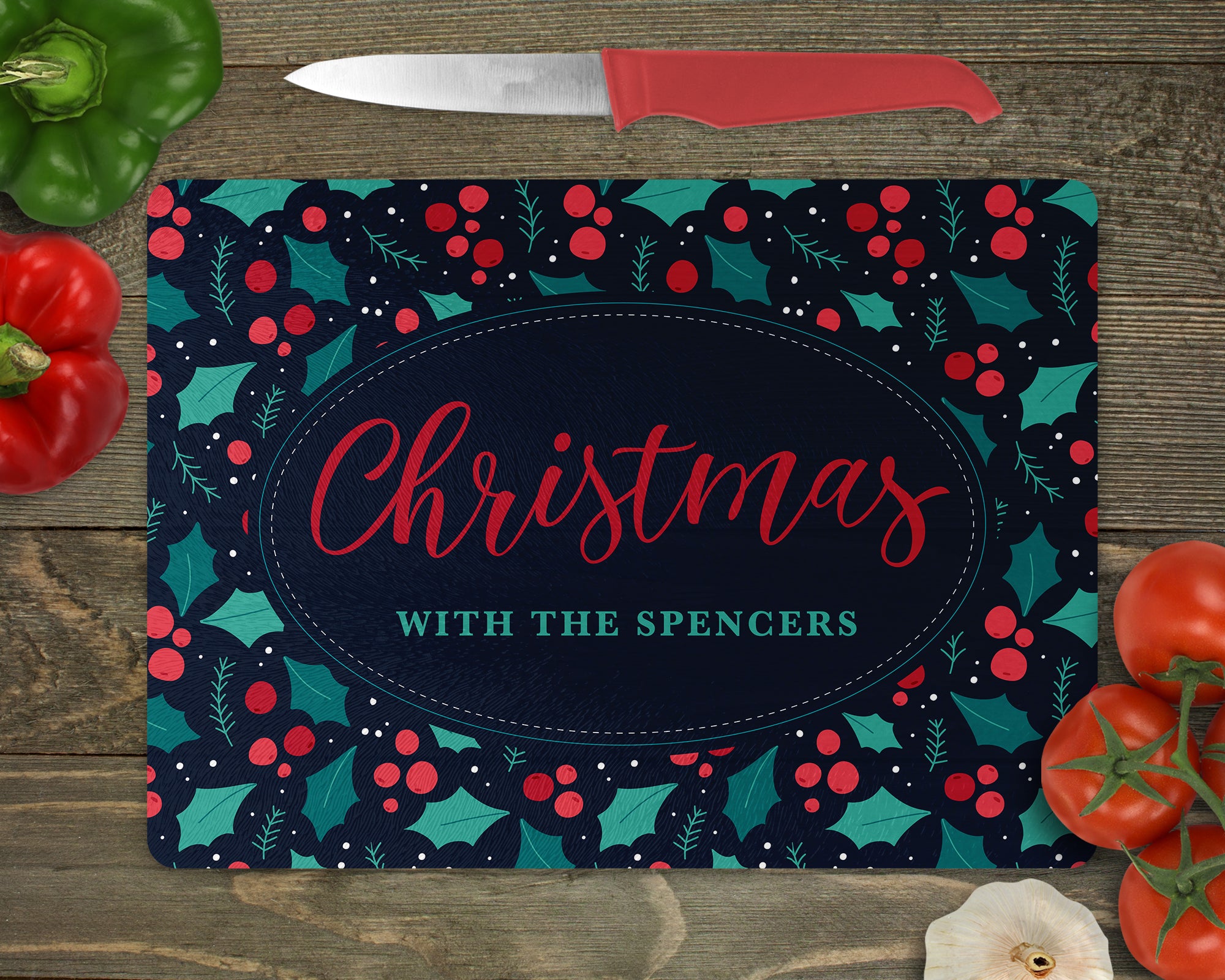 Christmas Berries - Personalised Glass Cutting / Serving Board