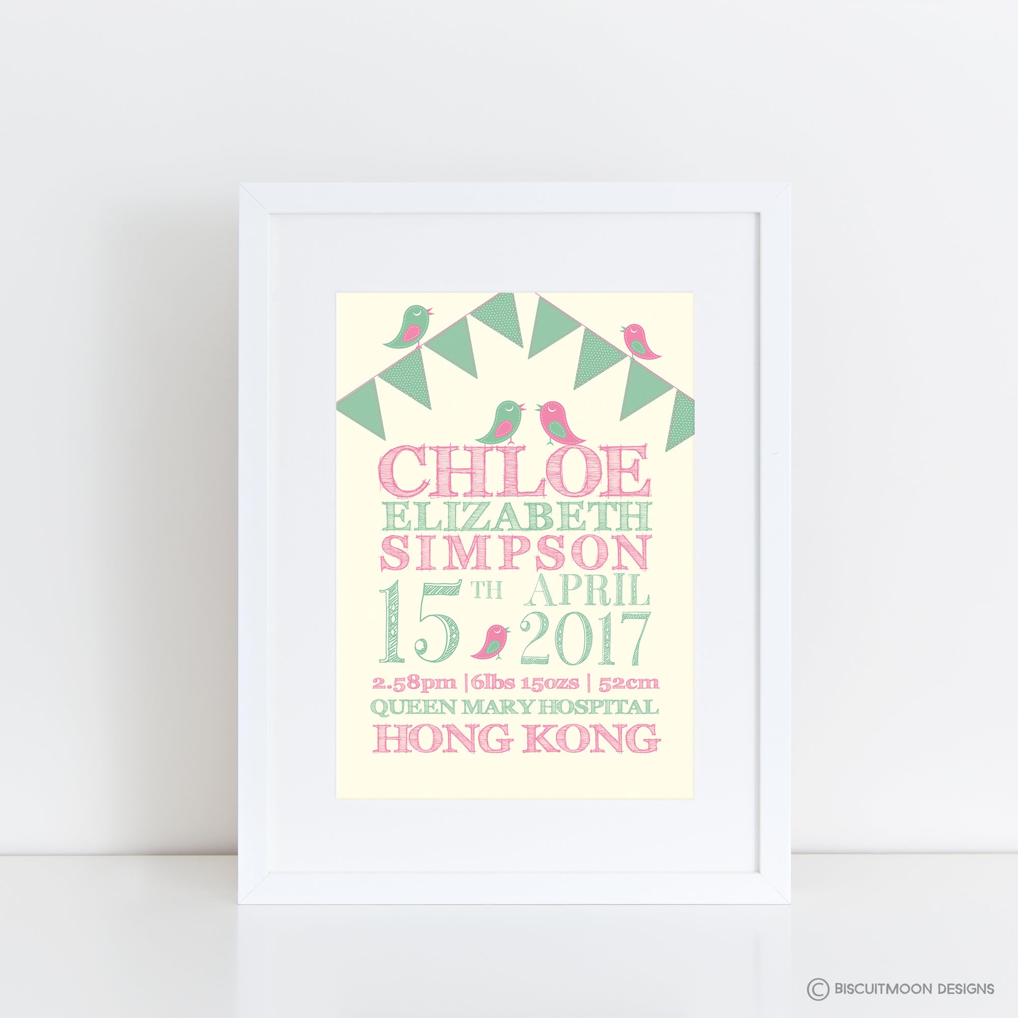 Birds and Bunting Birth Print