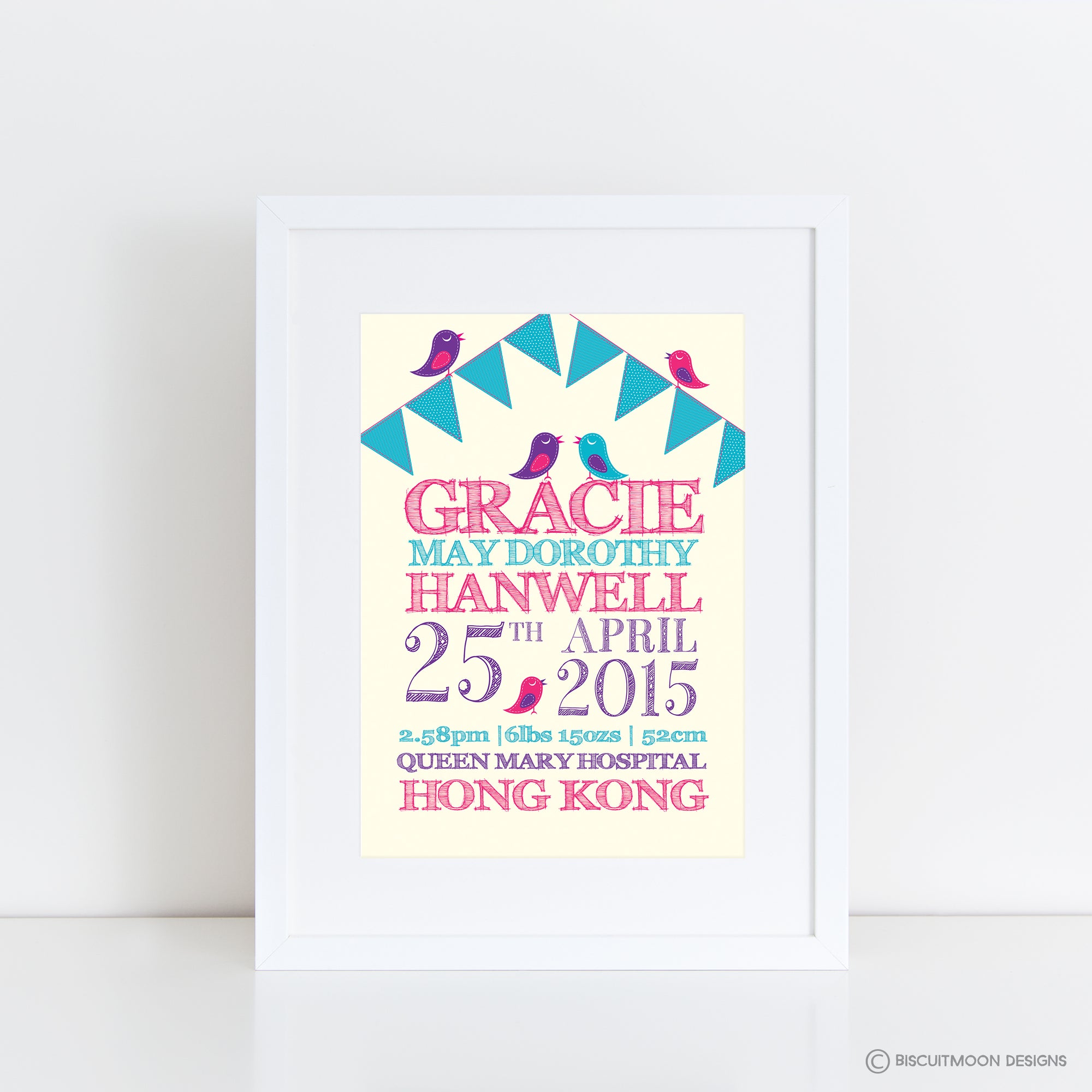 Birds and Bunting Birth Print