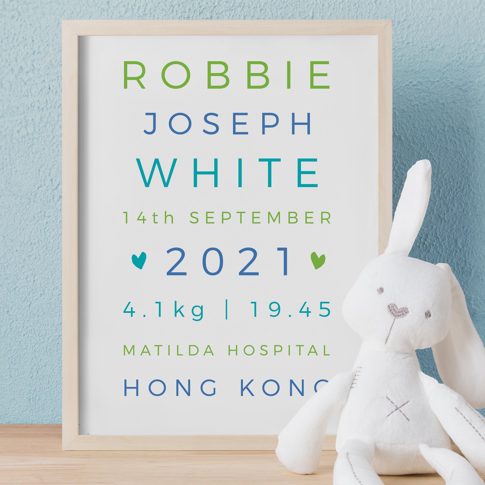 Greens and Blues Typography Birth Print