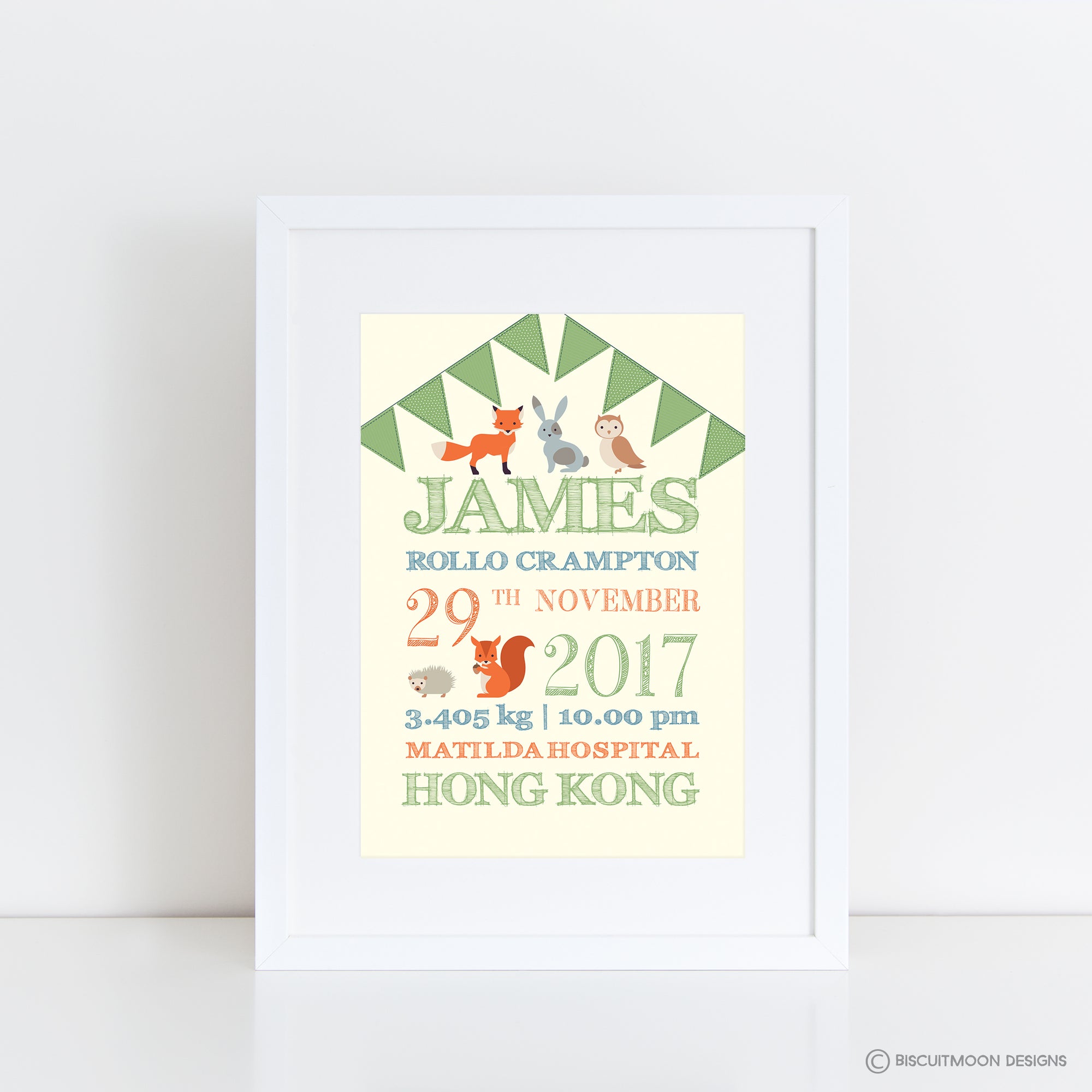 Woodland Animals and Bunting Birth Print