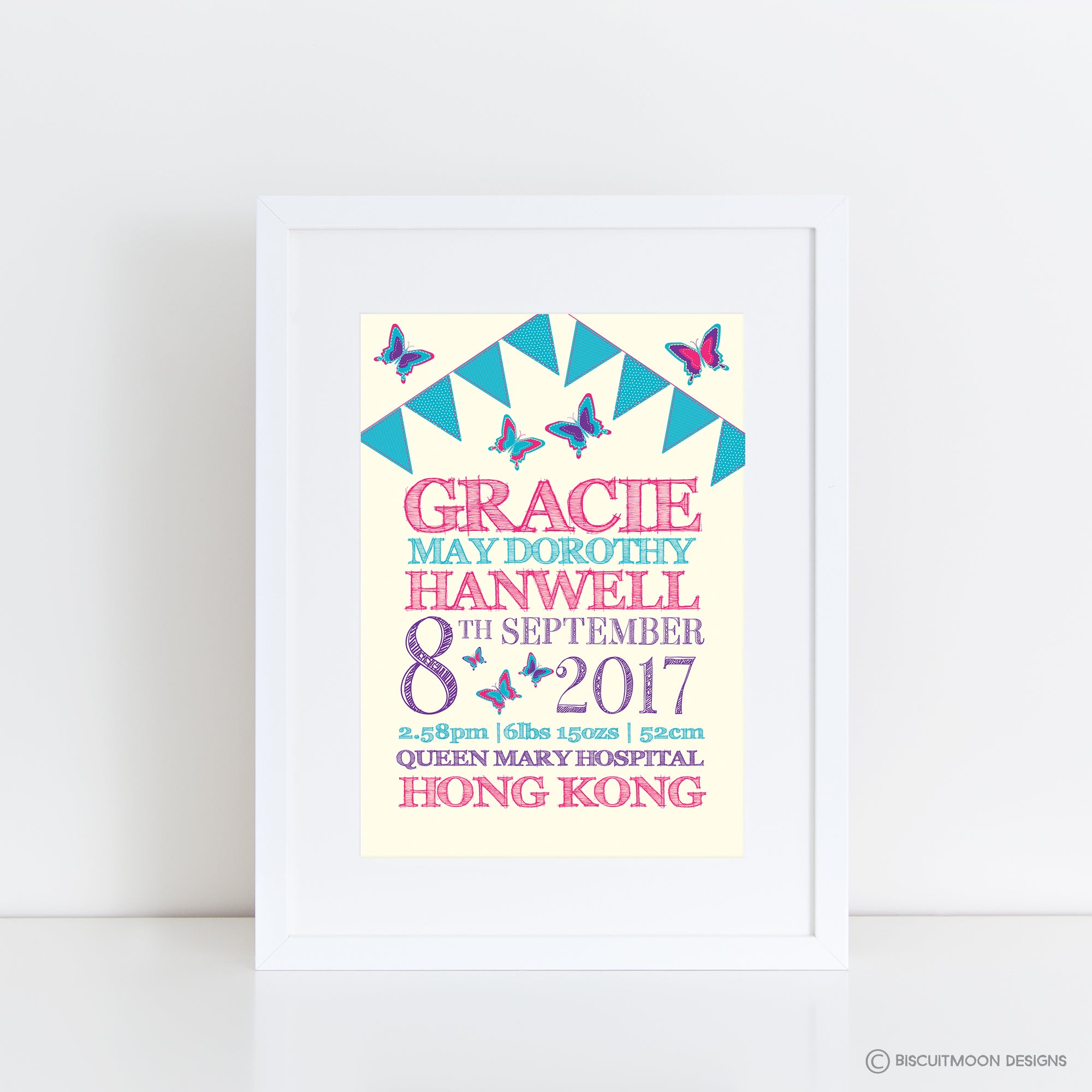 Butterflies and Bunting Birth Print