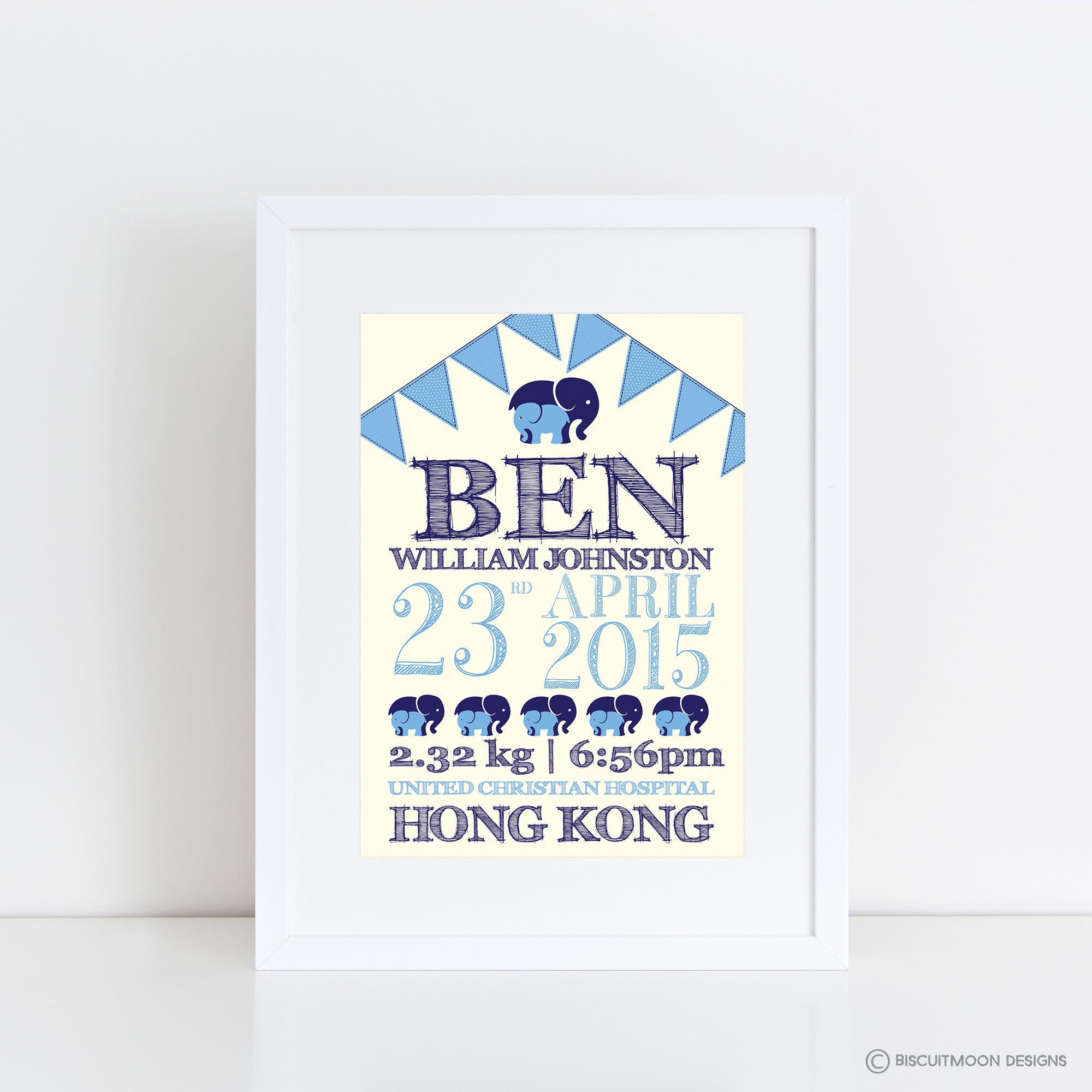 Elephants and Bunting Birth Print