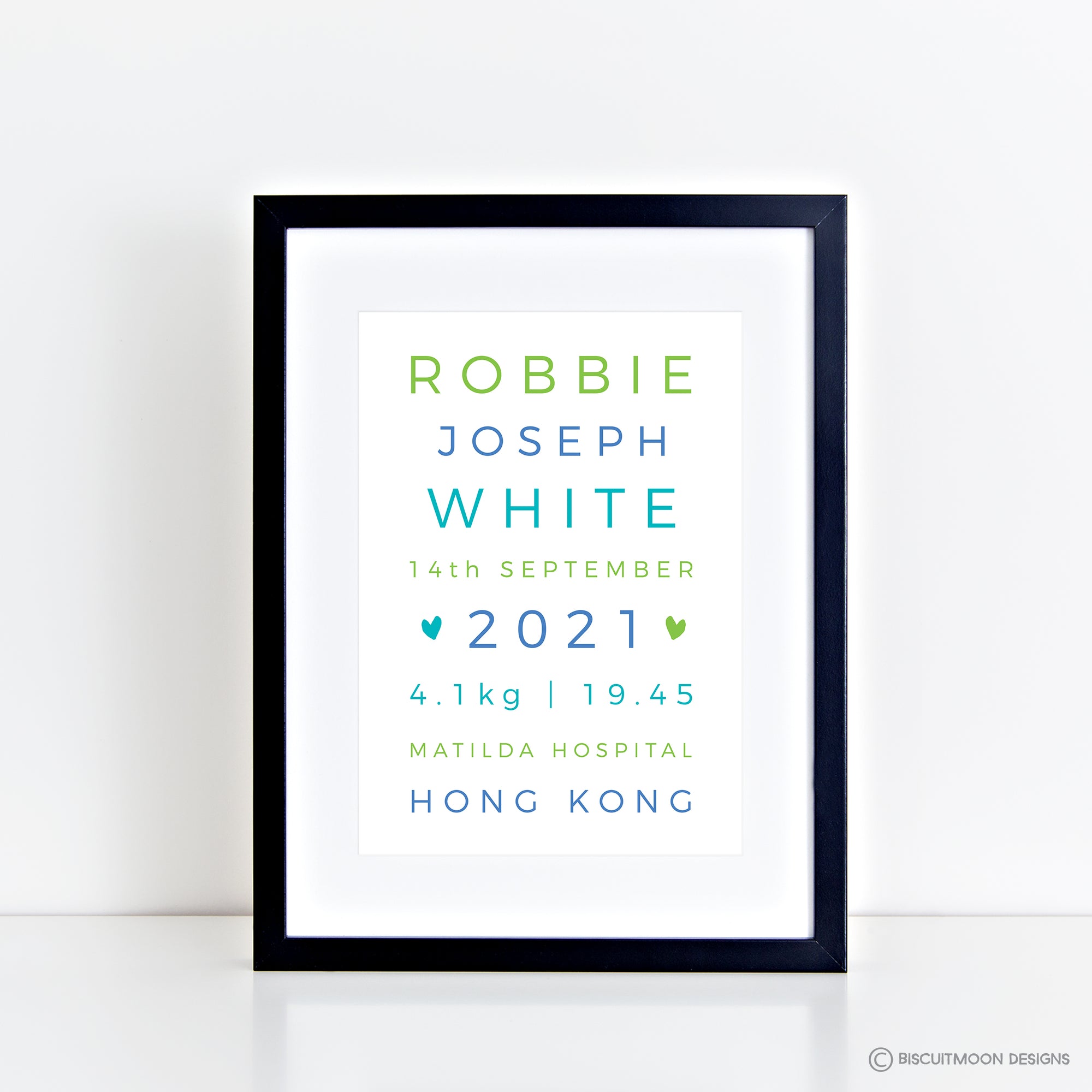 Greens and Blues Typography Birth Print