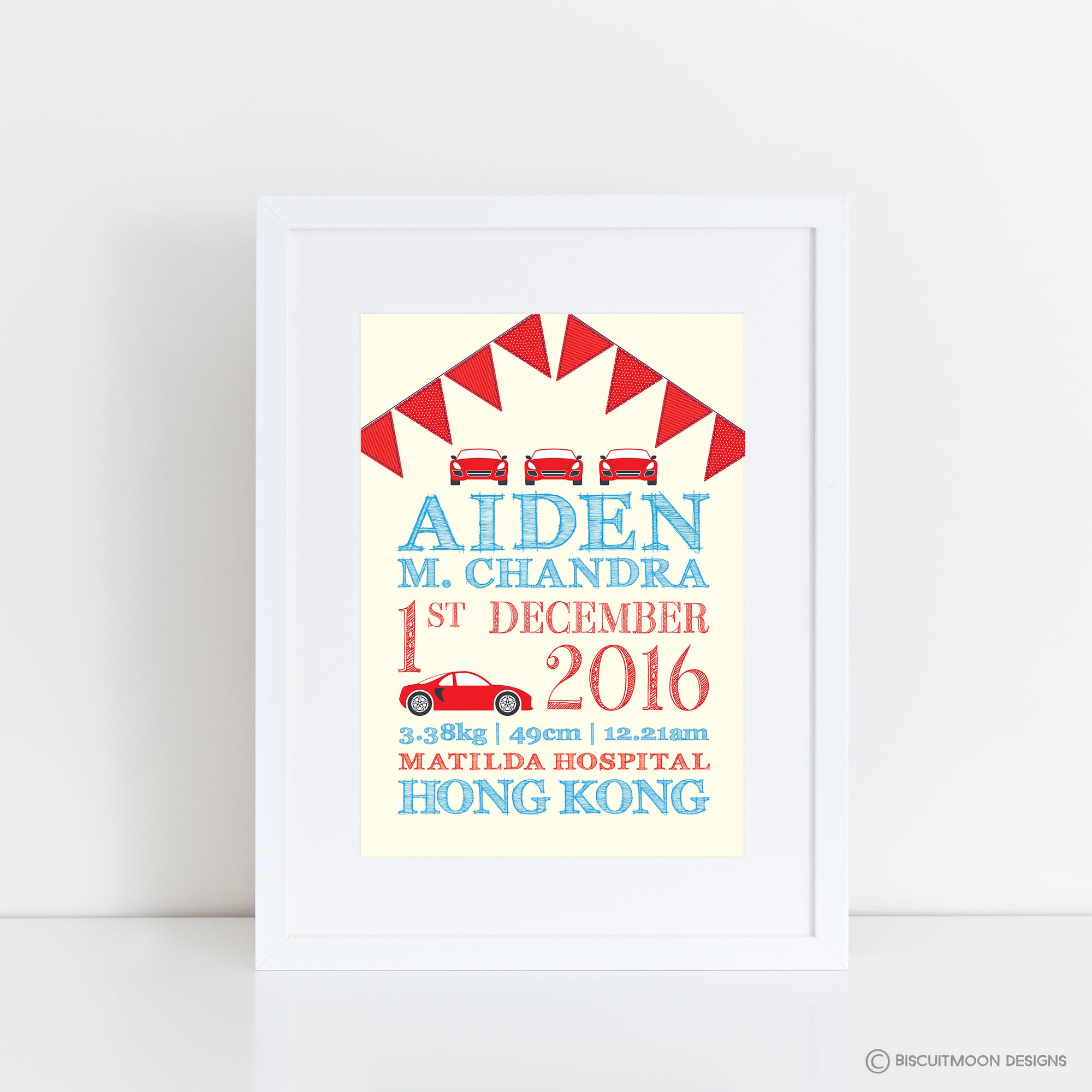 Racing Cars and Bunting Birth Print
