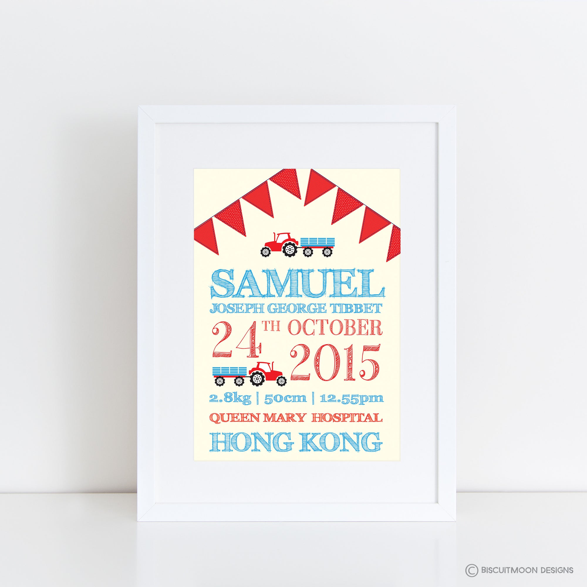 Tractors and Bunting Birth Print