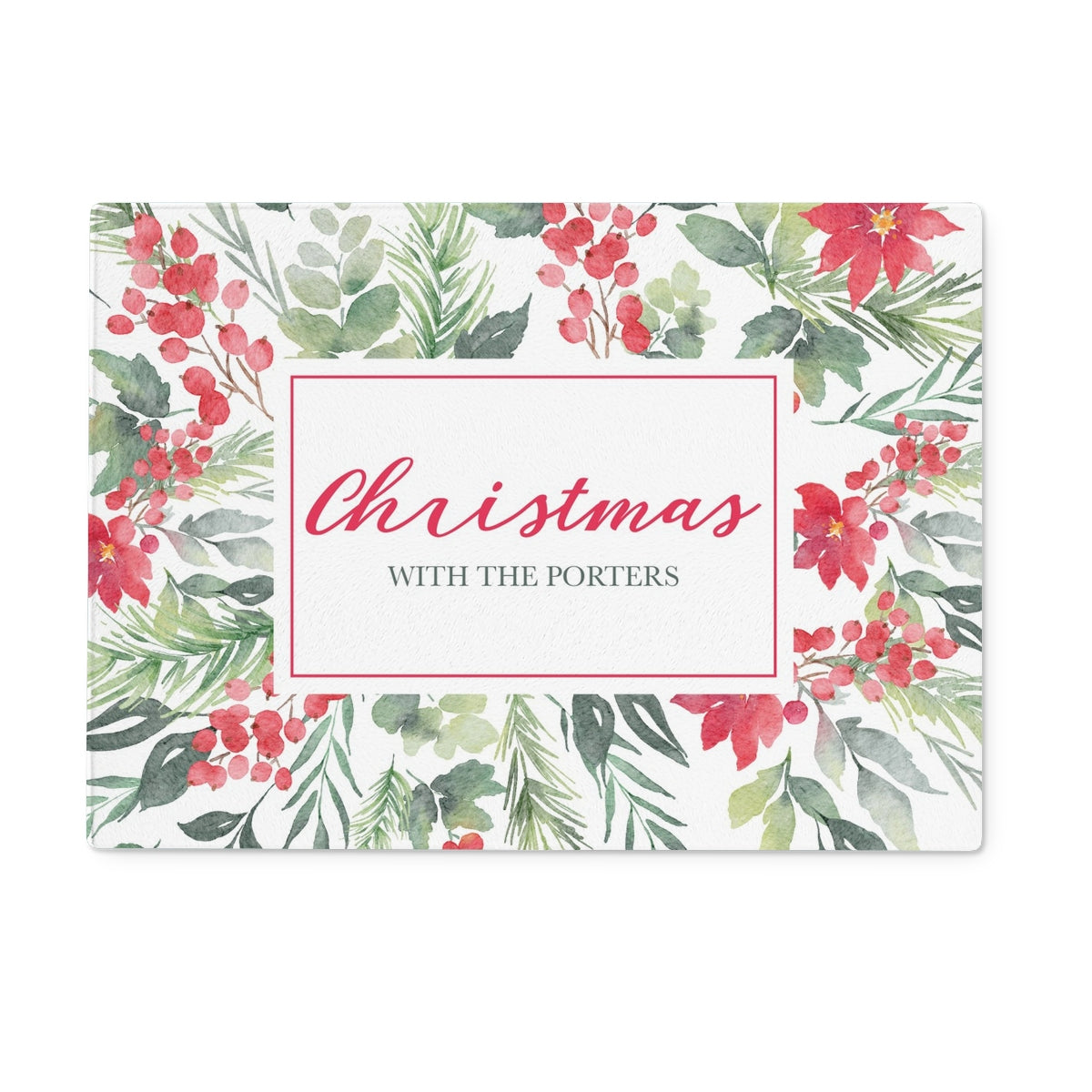 Christmas Foliage Personalised Kitchen Glass Cutting /Serving Board