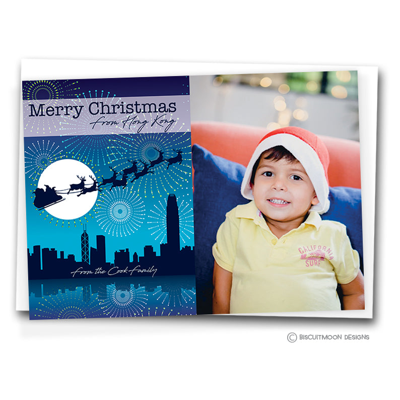 Blue Fireworks Hong Kong Personalised Christmas Cards