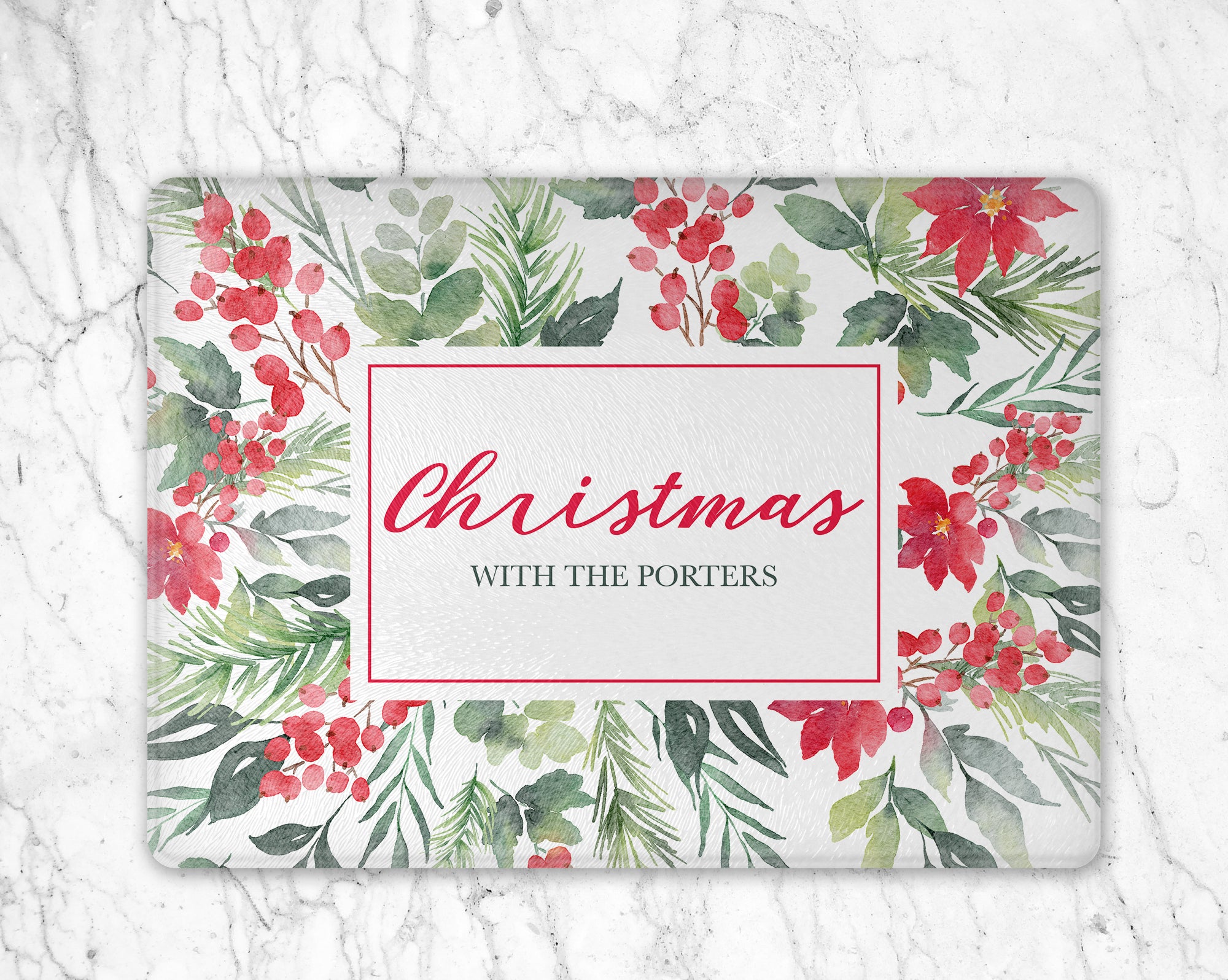 Christmas Foliage Personalised Kitchen Glass Cutting /Serving Board