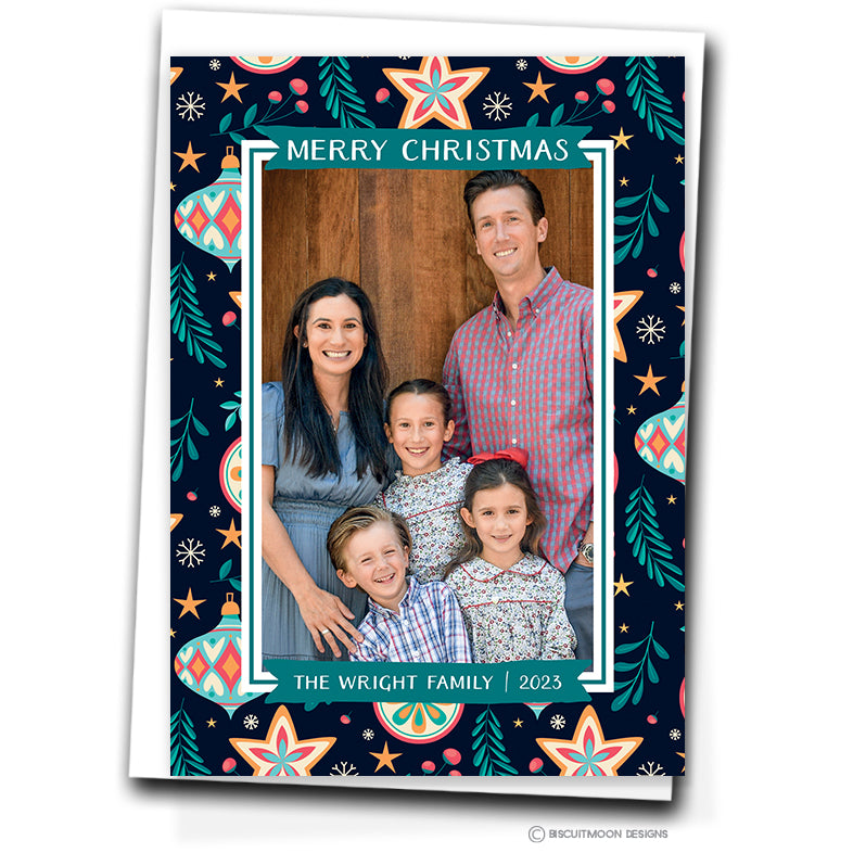 Navy Baubles Personalised Christmas Cards