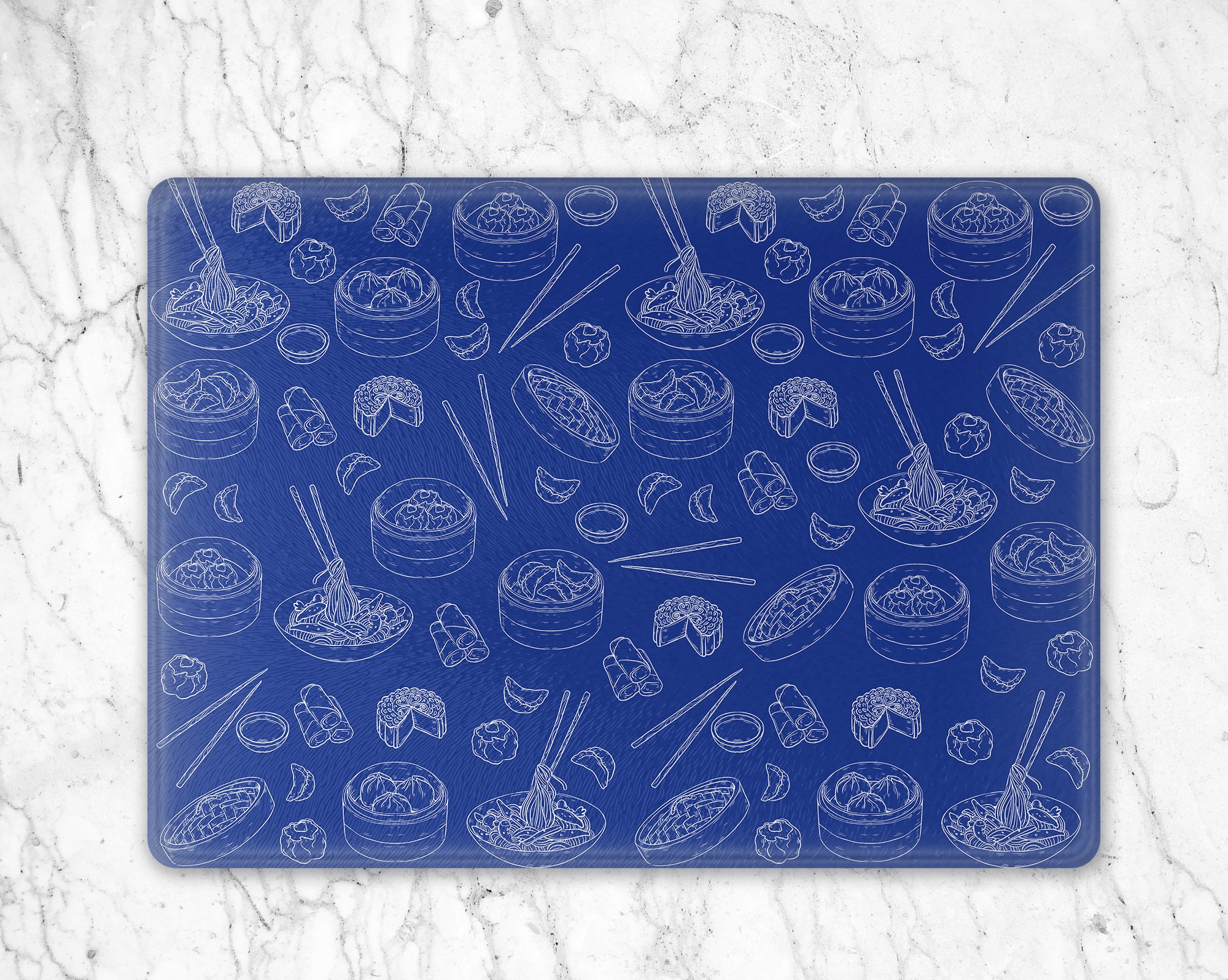 Blue Dim Sum and Dumplings Kitchen Glass Cutting/Serving Board [Available as Rectangular or Round]