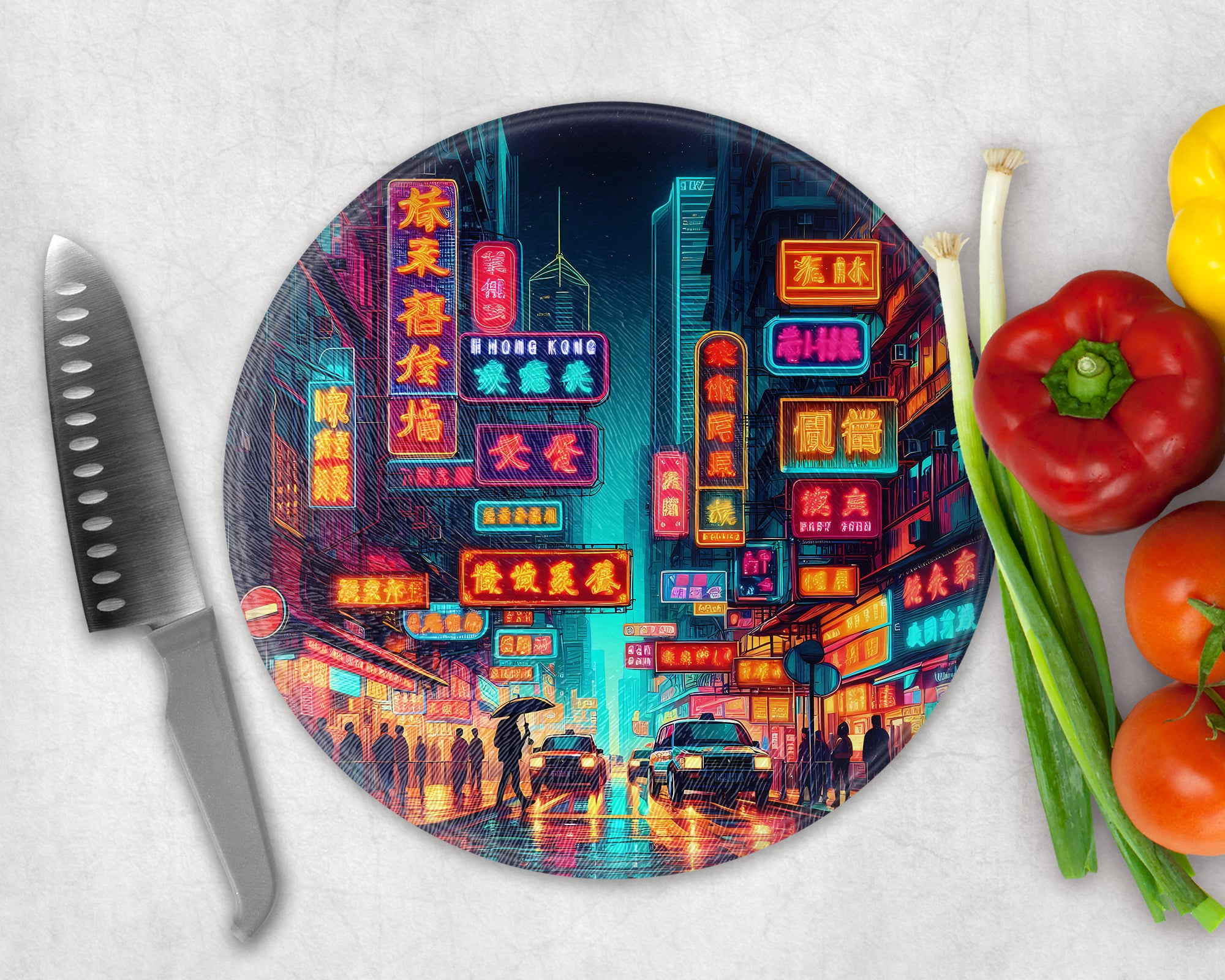 Hong Kong Night Time Neon Round Kitchen Glass Cutting / Serving Board