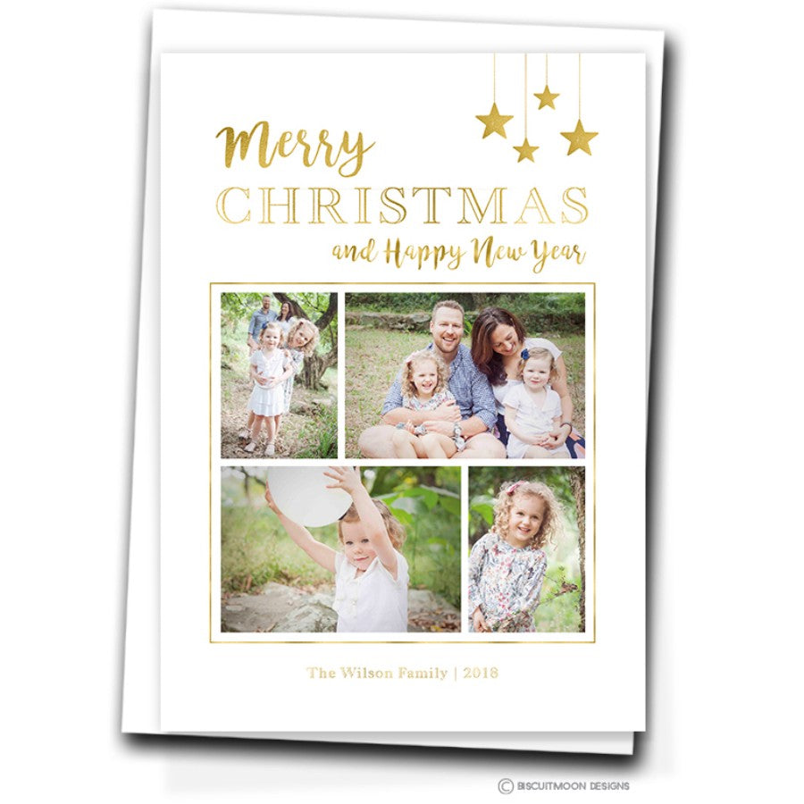 Gold Hanging Stars Personalised Christmas Cards