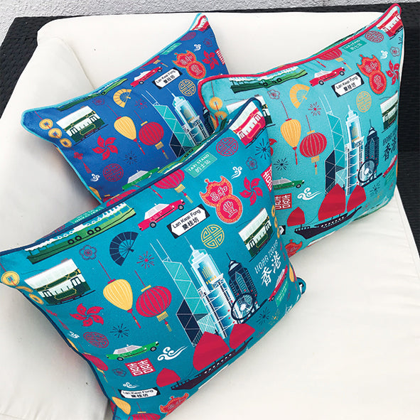 I Love Hong Kong Cushion Cover - Teal with Navy Trim