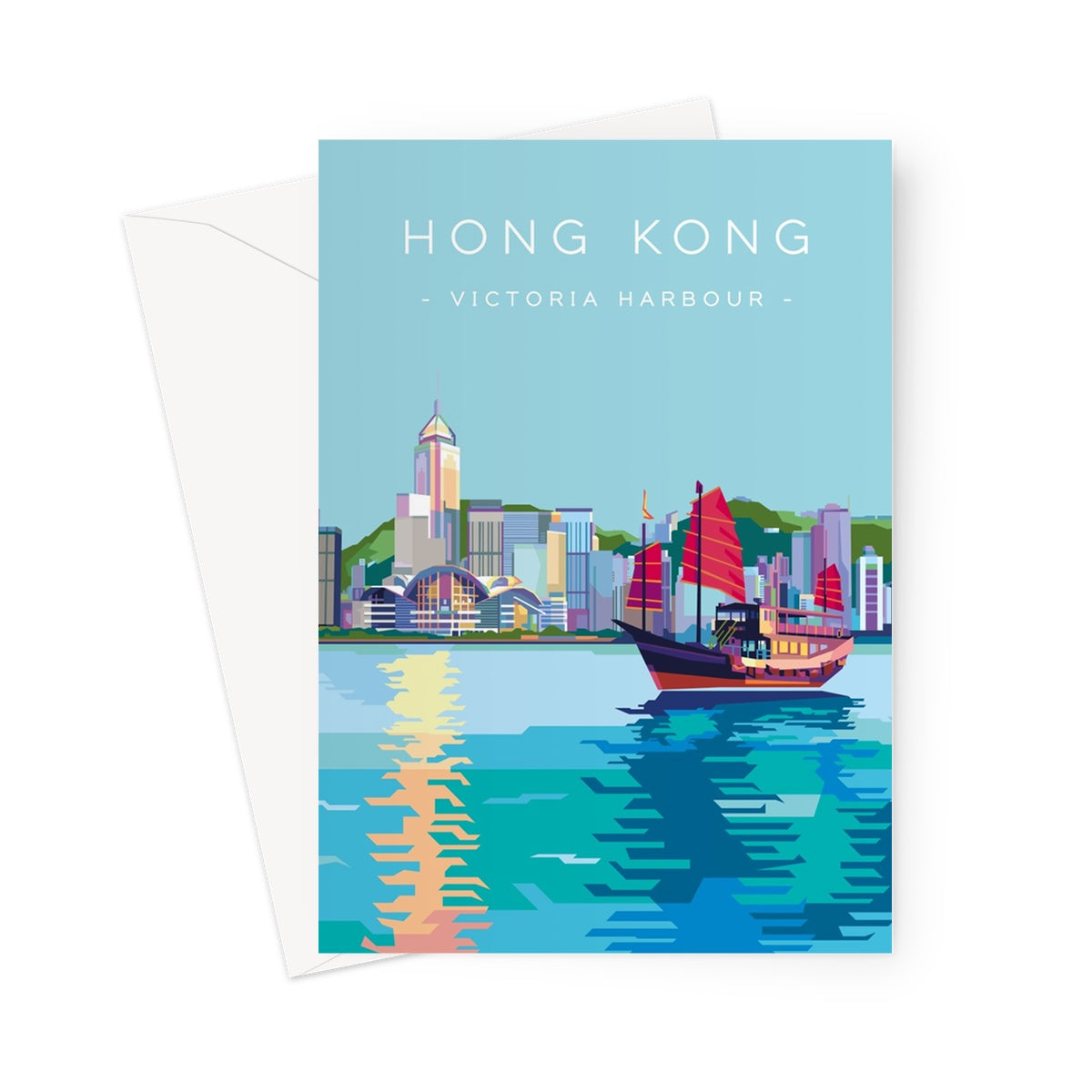 Hong Kong Travel - Victoria Harbour Aqua Luna Greeting Card