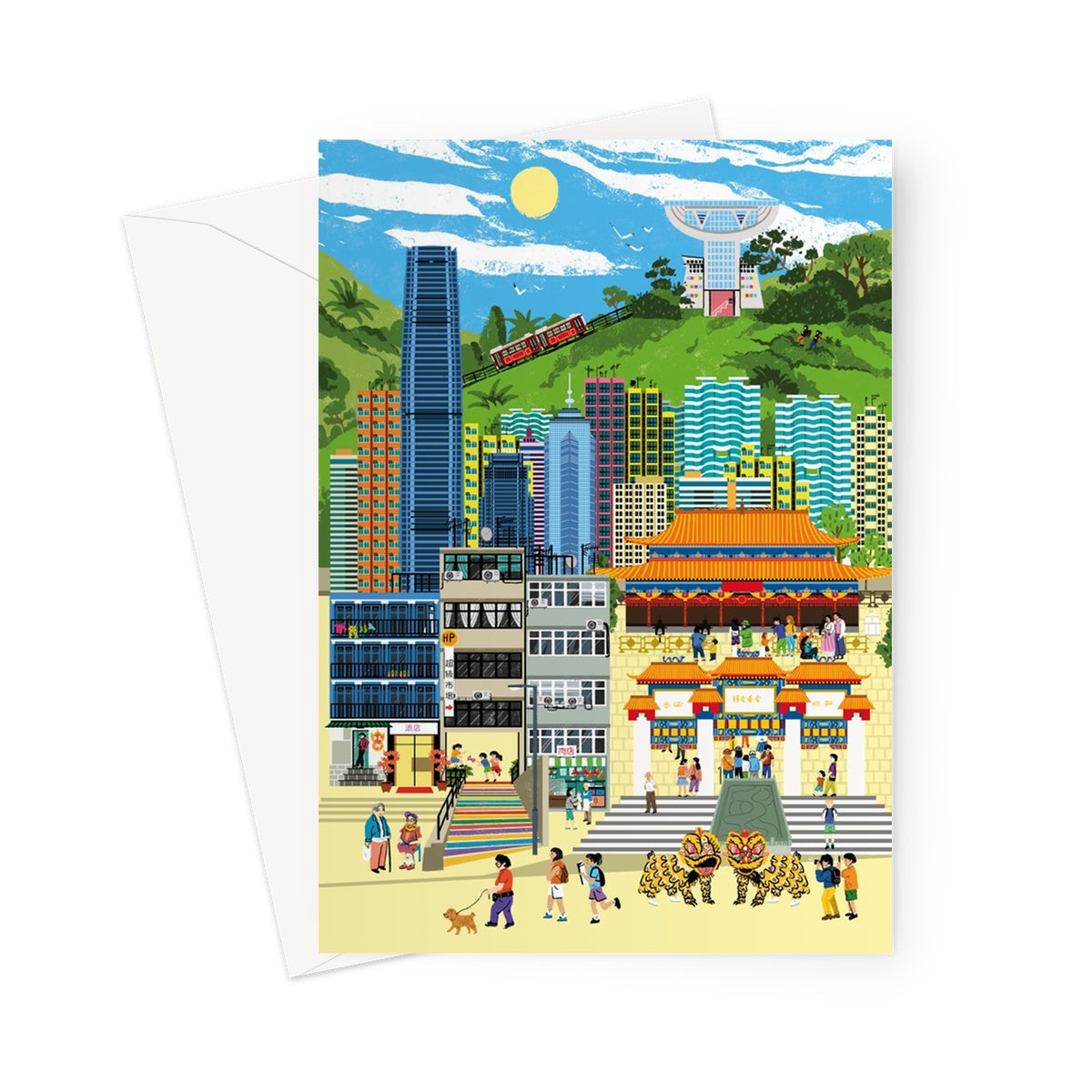 Fantasy Cityscapes - Hong Kong Lion Dance Greeting Card