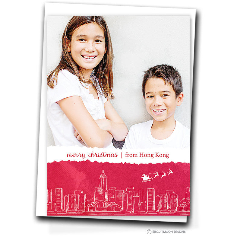Red Hong Kong Skyline Personalised Christmas Cards